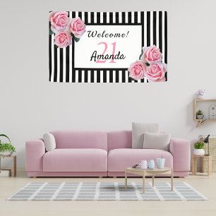 21st birthday party black stripes floral name banner