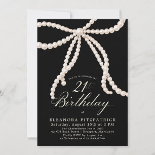 21st Birthday Party Black White Coquette Pearl Bow Invitation