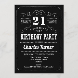 21st Birthday Party - Black White Invitation