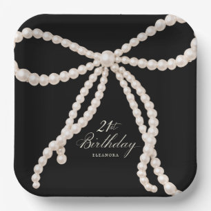 21st Birthday Party Black White Pearl Bow Elegant Paper Plate