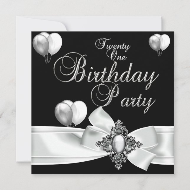 21st Birthday Party Black White Silver Balloons Invitation (Front)