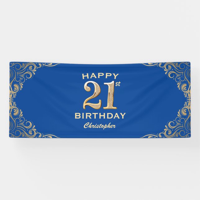 21st Birthday Party Blue and Gold Glitter Frame Banner (Horizontal)