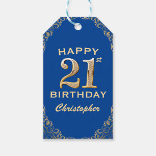 21st Birthday Party Blue and Gold Glitter Frame Gift Tags