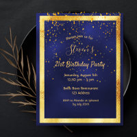 21st birthday party blue gold confetti invitation