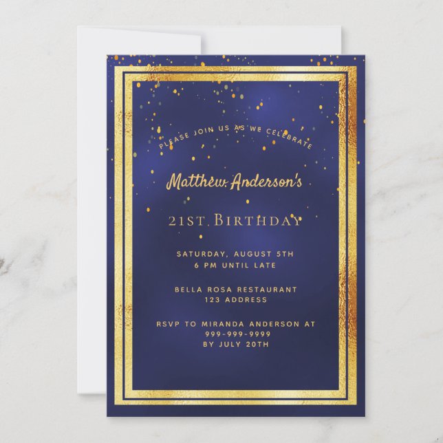21st birthday party blue gold confetti sprinkle invitation (Front)