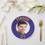 21st birthday party blue gold photo paper plate<br><div class="desc">A paper plate for a 21st birthday party for guys. Template for your photo.  Blue background and the text: Happy 21.  The text is written with a trendy faux gold balloon script.
Matching paper napkins are available in our store!</div>