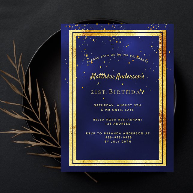 21st birthday party blue gold shiny invitation postcard (Creator Uploaded)