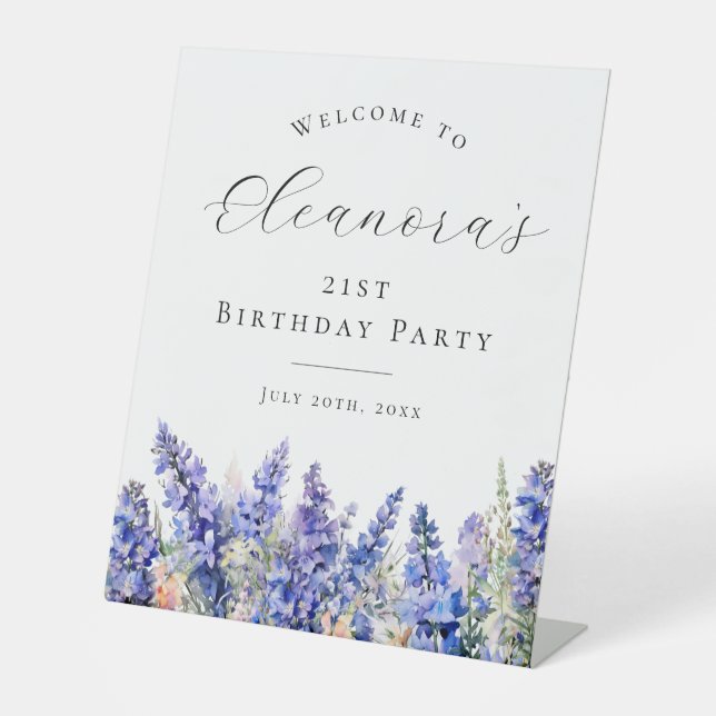 21st Birthday Party Blue July Birth Flower Welcome Pedestal Sign (Front)