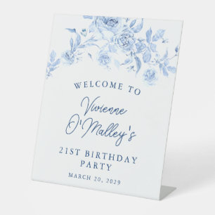21st Birthday Party Blue Rose Floral Welcome Pedestal Sign