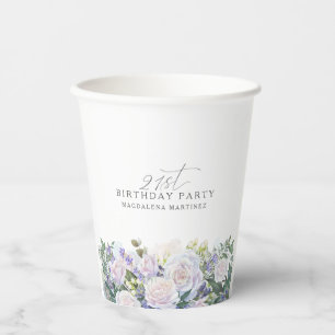 21st Birthday Party Blue White Floral Custom Paper Cups