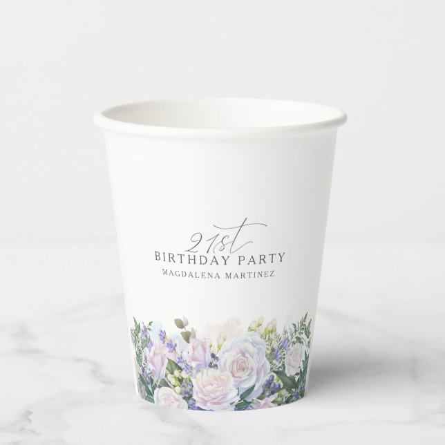 21st Birthday Party Blue White Floral Custom Paper Cups (Front)