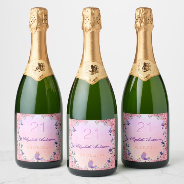 21st birthday party blush pink violet florals sparkling wine label (Bottles)