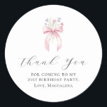 21st Birthday Party Bow Custom Thank You Favour Classic Round Sticker<br><div class="desc">Thank your guests for coming to your birthday party with this personalised thank you favour sticker.  It features a blush pink coquette bow accented with pink and blue wildflowers. Thank you is written in a lovely open script. Three lines let you customise your appreciation. All text is editable.</div>