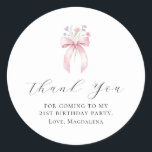 21st Birthday Party Bow Custom Thank You Favour Classic Round Sticker<br><div class="desc">Thank your guests for coming to your birthday party with this personalised thank you favour sticker.  It features a blush pink coquette bow accented with pink and blue wildflowers. Thank you is written in a lovely open script. Three lines let you customise your appreciation. All text is editable.</div>