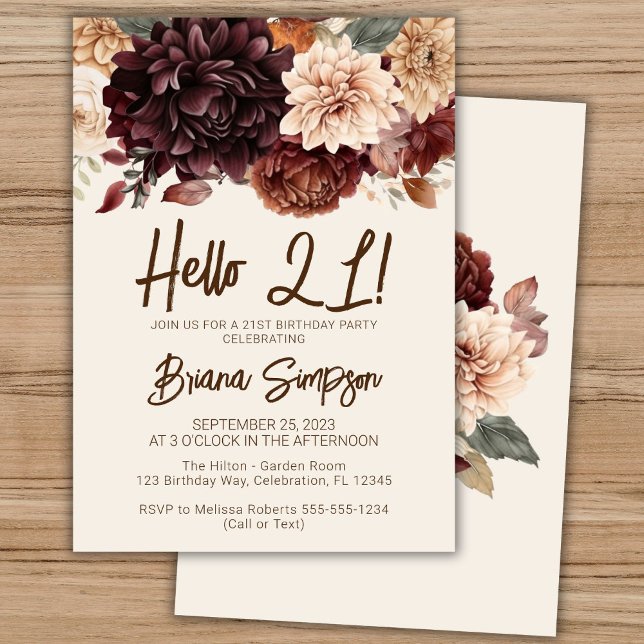 21st Birthday Party Brown Beige Ivory Floral Invitation (Creator Uploaded)