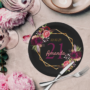 21st birthday party burgundy florals gold black paper plate