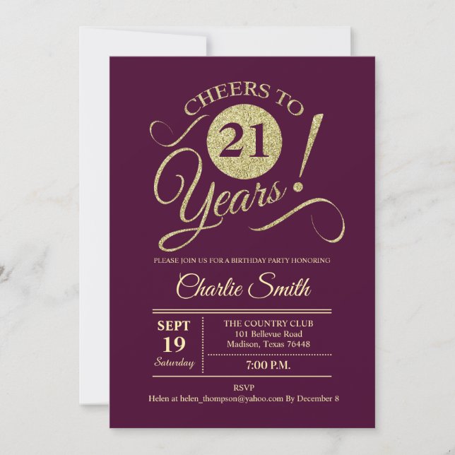 21st Birthday Party - Burgundy Gold Invitation (Front)