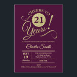21st Birthday Party - Burgundy Gold Invitation<br><div class="desc">21st Birthday Party Invitation in dark burgundy with faux glitter gold pattern. Features trendy typography script font. Simple modern design,  perfect for an elegant party. Cheers to 21 years! Can be personalized into any age! Please message me if you need further customization.</div>