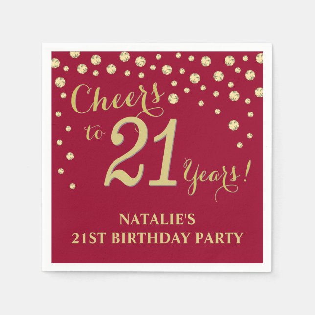 21st Birthday Party Burgundy Red and Gold Diamond Napkin (Front)