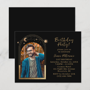 21st Birthday Party Celestial Photo Black Gold Invitation