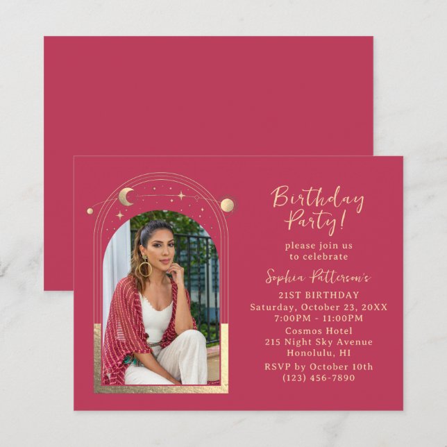 21st Birthday Party Celestial Photo Magenta Gold Invitation (Front/Back)