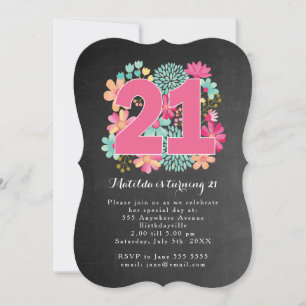 21st Birthday Party Chalkboard Painted Floral Invitation