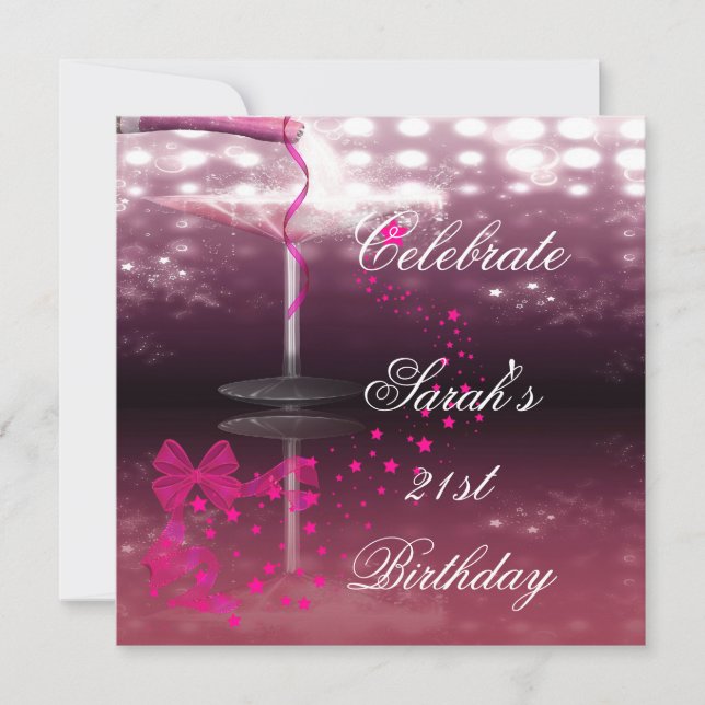 21st Birthday Party Champagne Glass Bow Invitation (Front)