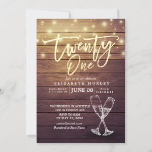 21st Birthday Party Champagne Glasses Wood Lights Invitation