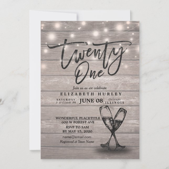 21st Birthday Party Champagne Glasses Wood Lights Invitation (Front)