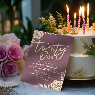 21st Birthday Party Chic Gold Flowers Burgundy Red Invitation
