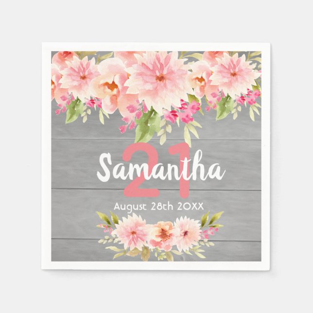 21st birthday party coral dahlia flowers grey napkin (Front)