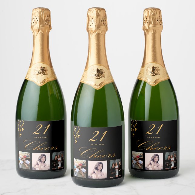21st birthday party custom photo black gold cheers sparkling wine label (Bottles)