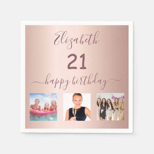 21st birthday party custom photo rose gold pink napkin (Front)