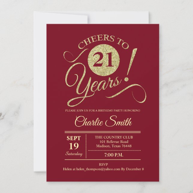 21st Birthday Party - Dark Red Gold Invitation (Front)