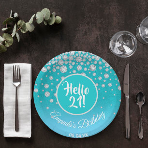 21st birthday party diamonds teal blue glitter paper plate