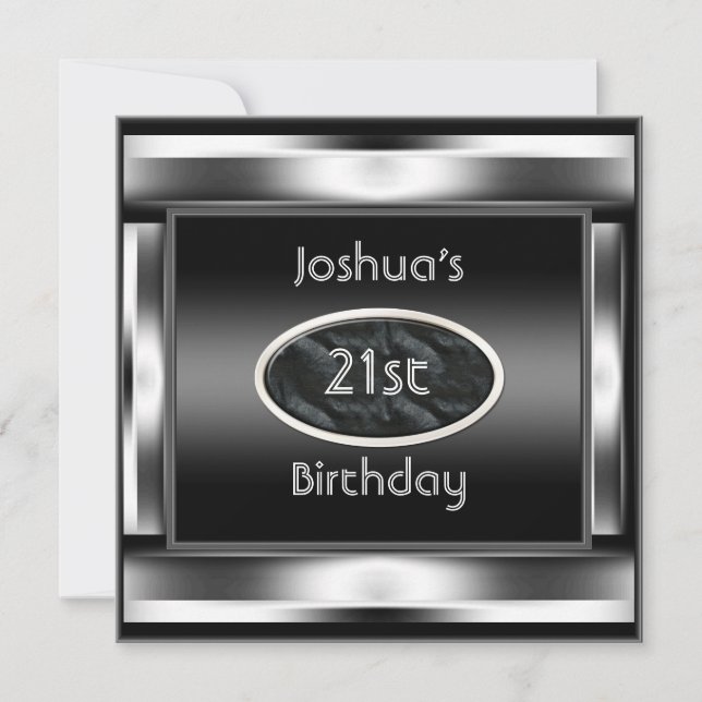 21st Birthday Party Elegant Black Metal Men 2 Invitation (Front)