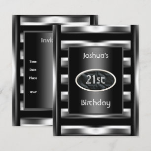 21st Birthday Party Elegant Black Metal Men 3 Invitation