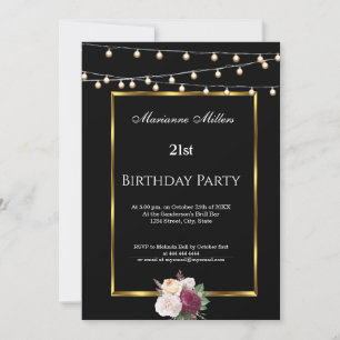 21st Birthday Party Fairy Lights Roses Black Invitation