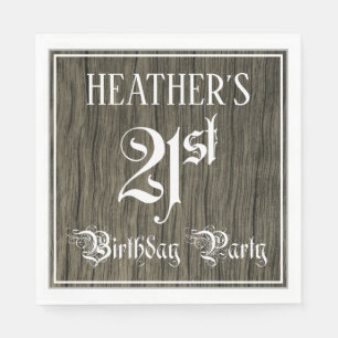 21st Birthday Party — Fancy Script, Faux Wood Look Napkin
