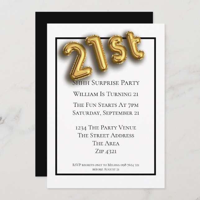 21st Birthday Party Faux 3d Gold Balloon Font Invitation (Front/Back)