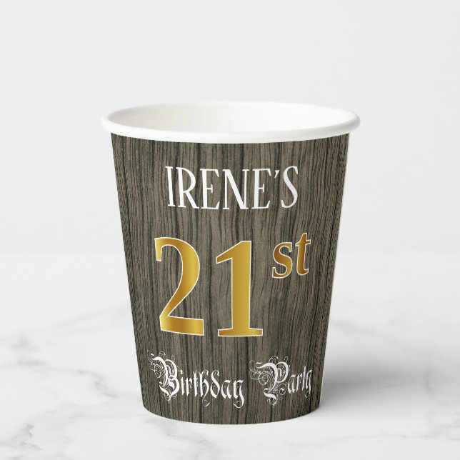 21st Birthday Party — Faux Gold & Faux Wood Looks Paper Cups (Back)