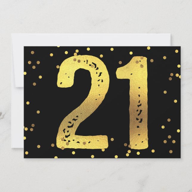 21st Birthday Party Faux Gold Foil Confetti Black Invitation (Front)