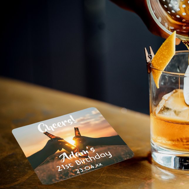 21st birthday party for guys cheers beer square paper coaster (Creator Uploaded)