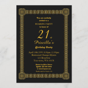 21st,Birthday Party,Gastby Style, Black & Gold v3b Invitation
