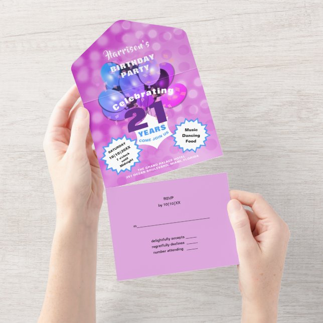 21st Birthday Party Glam Sparkle Glitz Purple Blue All In One Invitation (Tearaway)