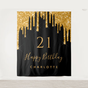 21st birthday party glitter black gold sparkle tapestry