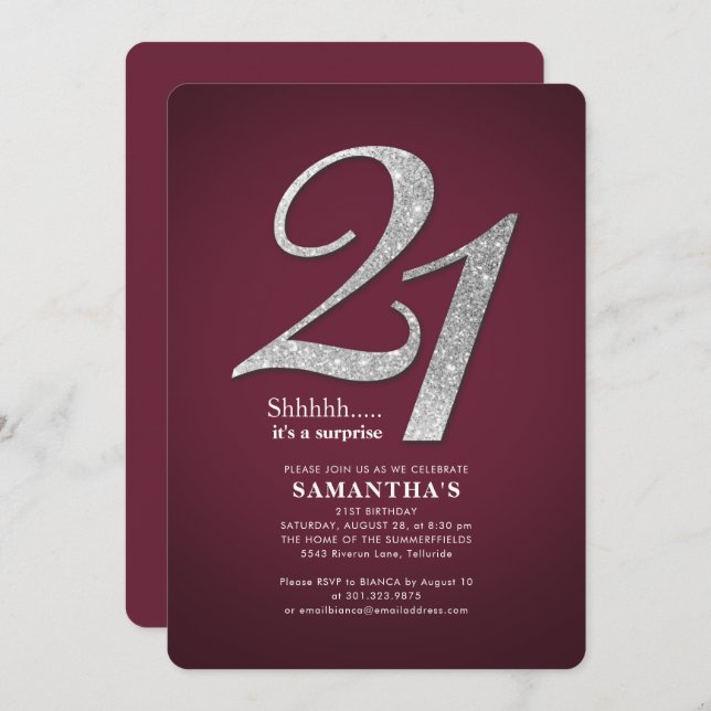 21st Birthday Party Glitter Burgundy Modern Invitation (Front/Back)