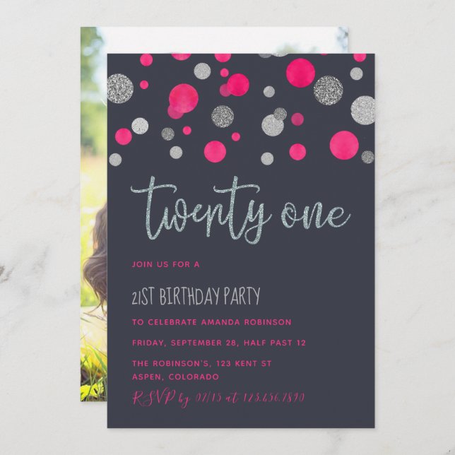 21st Birthday Party glitter confetti invitation (Front/Back)