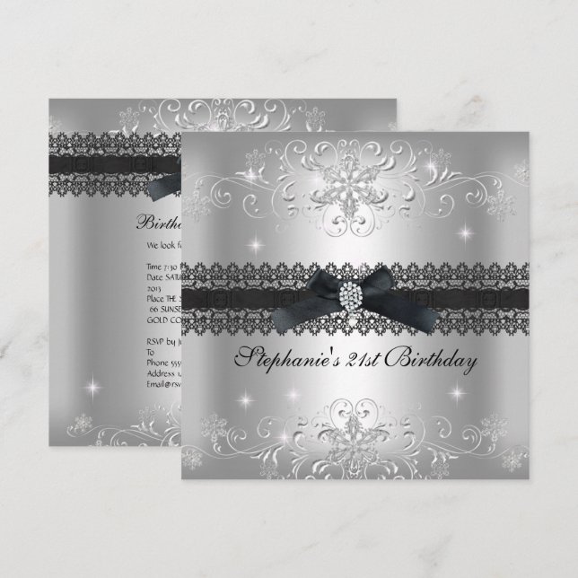 21st Birthday Party Glitter Silver Grey Invitation (Front/Back)
