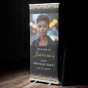 21st Birthday Party Gold Black Glitter Photo Retractable Banner